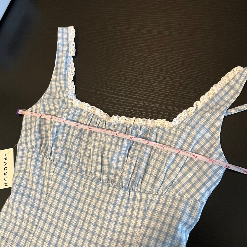 PacSun Your Favorite Blue Gingham Lace Trim Mini Dress Milkmaid Cottagecore S - Picture 11 of 12